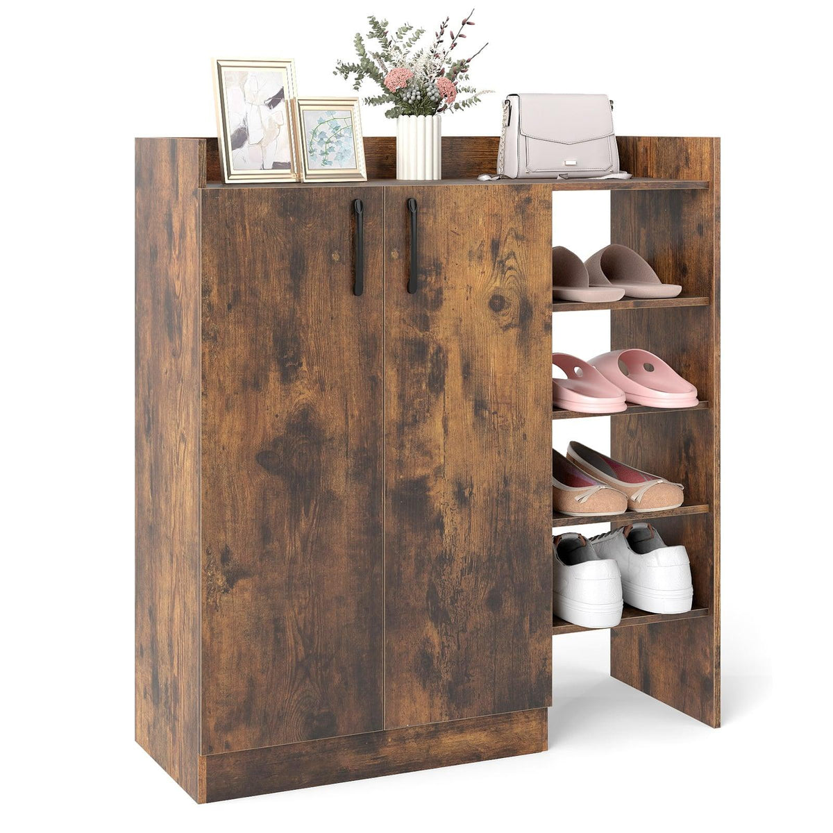 Shoe Cabinet with Adjustable Shelves & 2 Doors, Brown