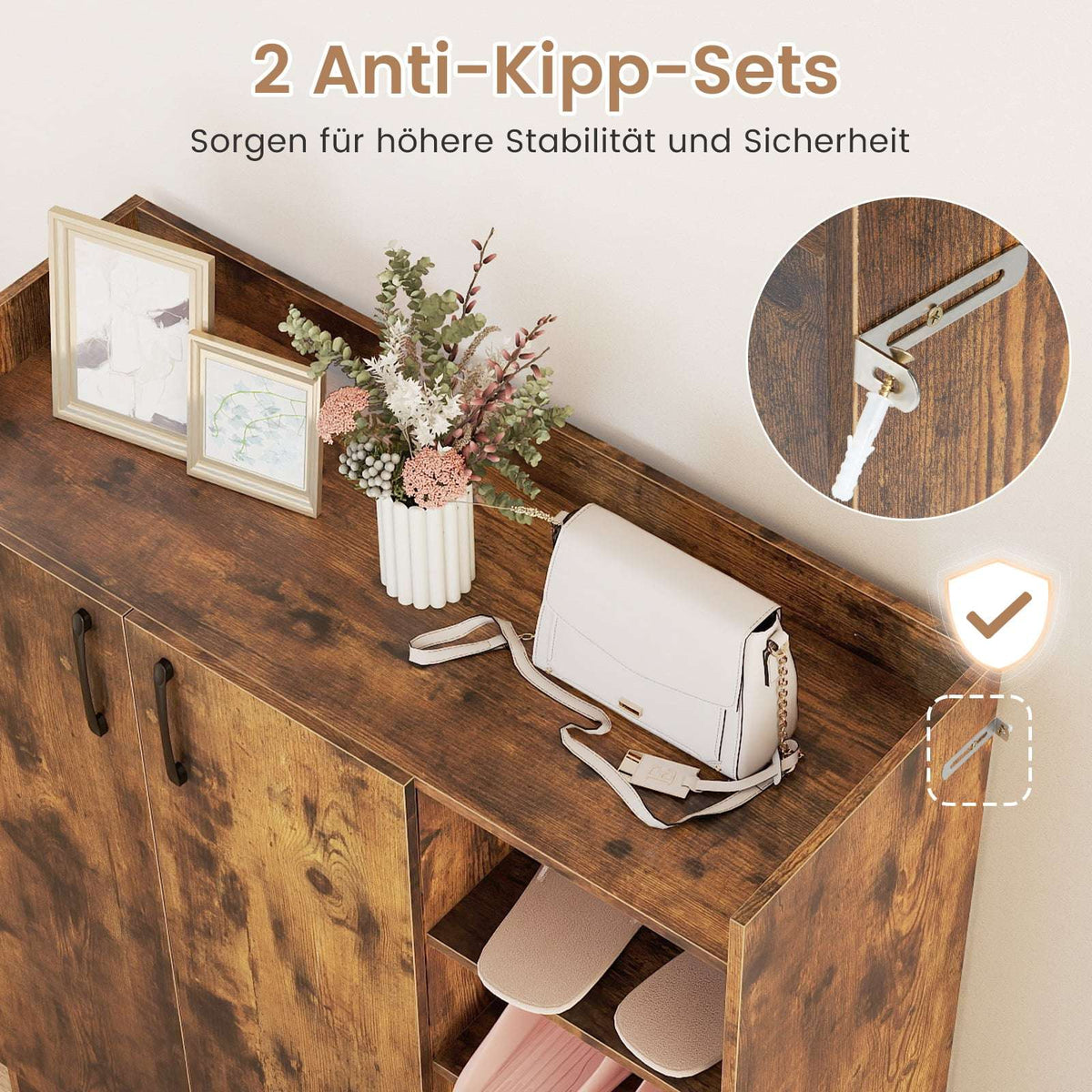 Shoe Cabinet with Adjustable Shelves & 2 Doors, Brown