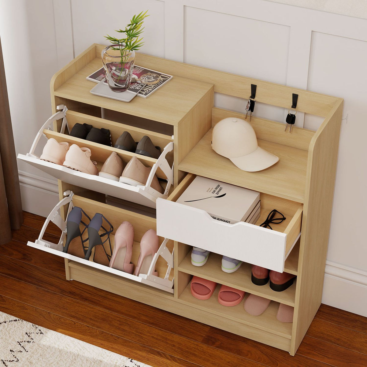 Shoe Cabinet with Flip Drawers, Open Shelves, 4 Hooks