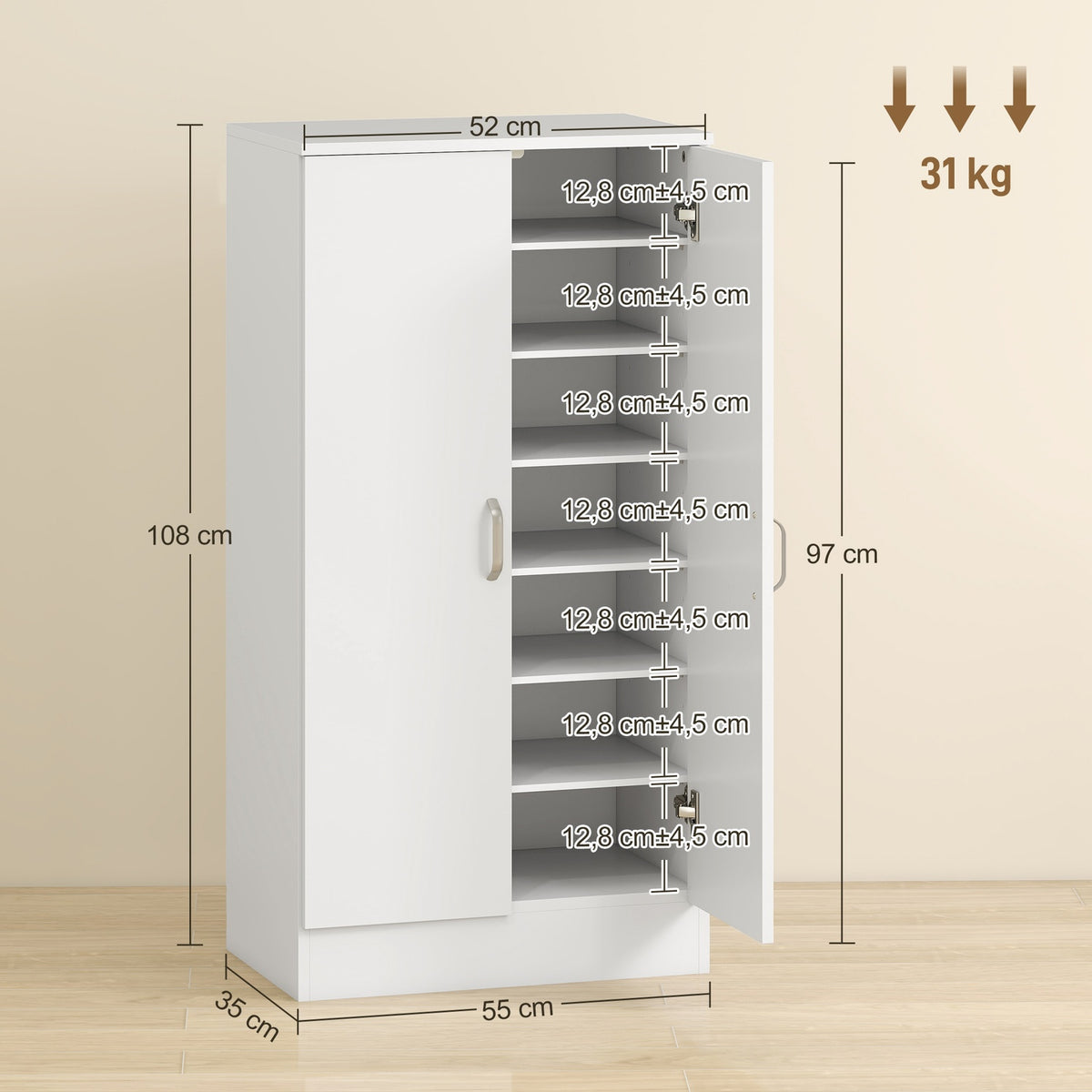 Shoe Cabinet with Soft-Close Hinges, Adjustable Shelves, White