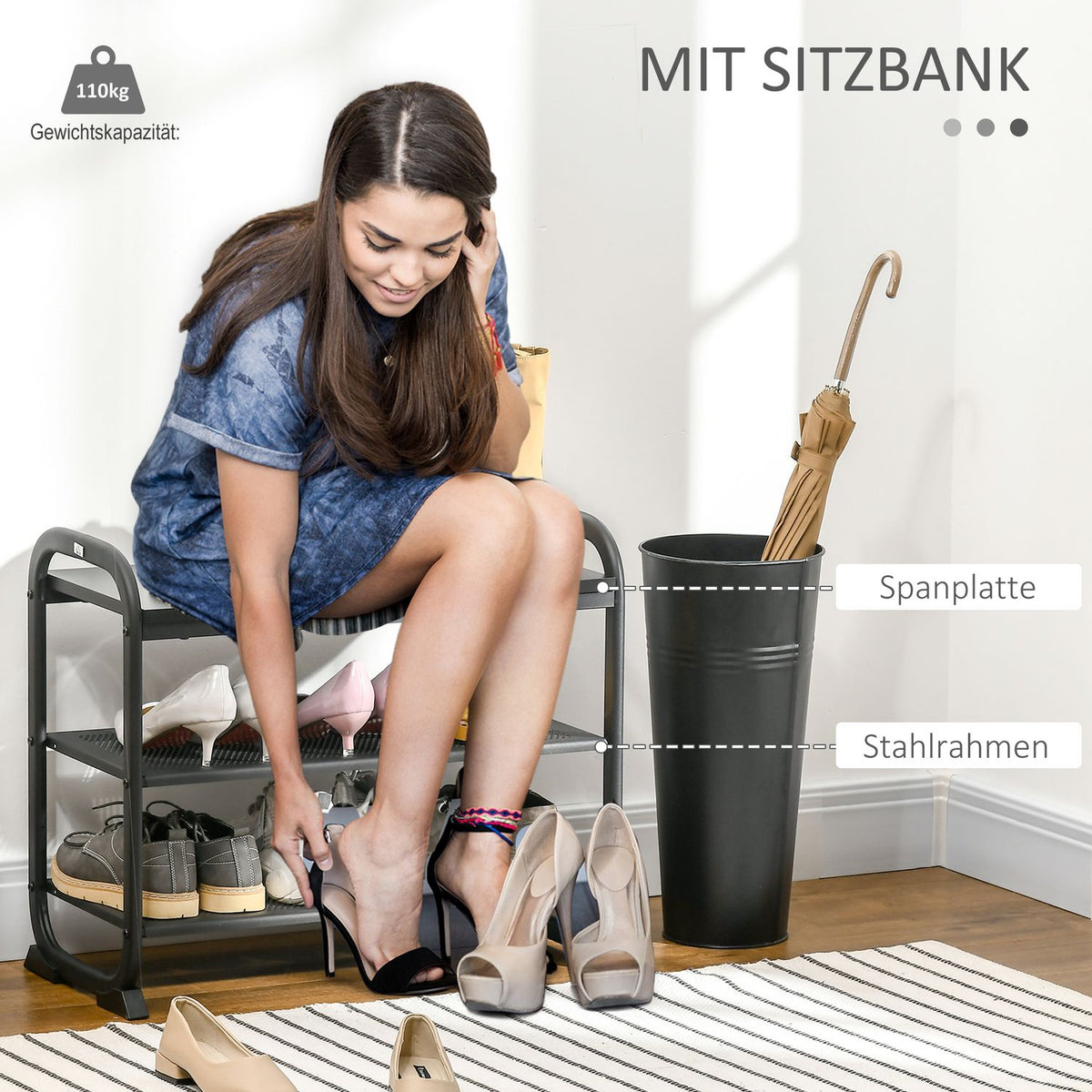 Shoe Rack In Industrial Style 2-Tier Shoe Bench With 2 Shelves, For 6 Pairs Of Shoes, Steel, Black, 62X30X52Cm