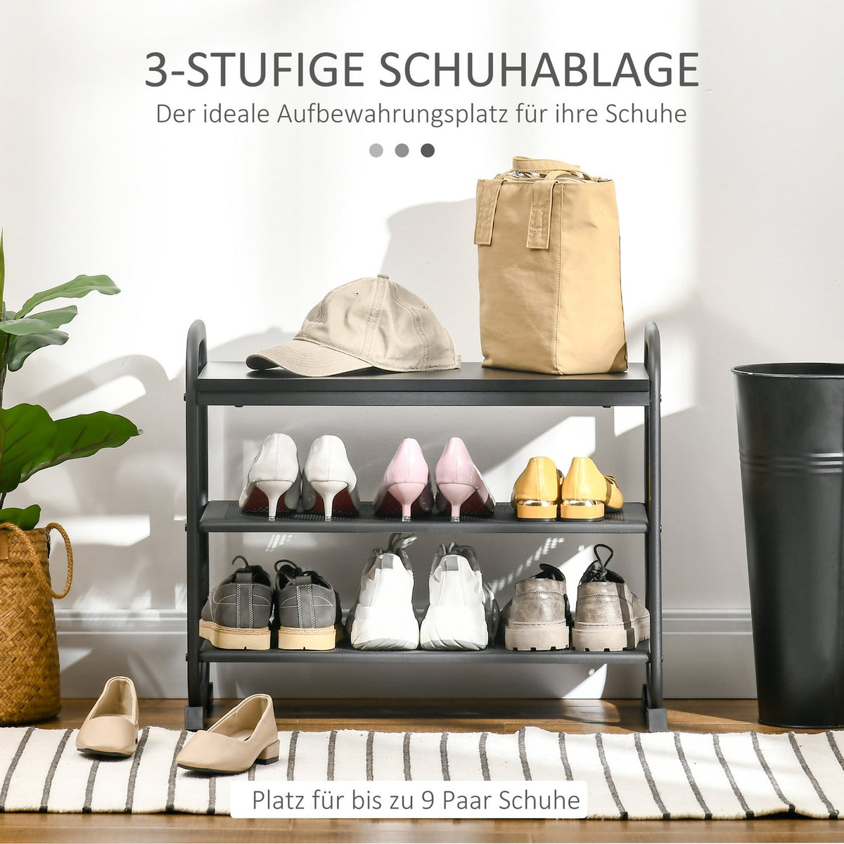 Shoe Rack In Industrial Style 2-Tier Shoe Bench With 2 Shelves, For 6 Pairs Of Shoes, Steel, Black, 62X30X52Cm