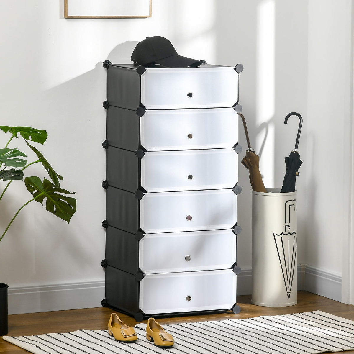 Shoe Rack Plastic Shelf for 6 Pairs of Shoes Shoe Box for Hallway DIY Shelf Storage of Shoes Black + White 49 x 36.5 x 108 cm