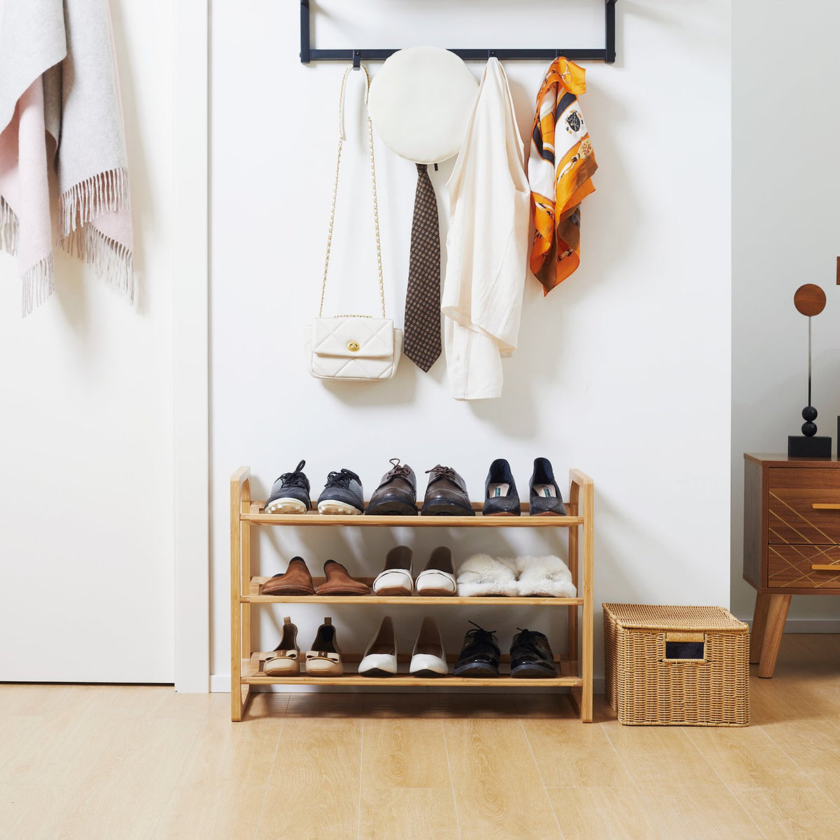 Shoe Rack Shoe Rack Shoe Stand With 3 Levels And Handle For Max. 9 Pairs Of Shoes Shoe Organizer Bamboo 76 X 33 X 51 Cm Natural