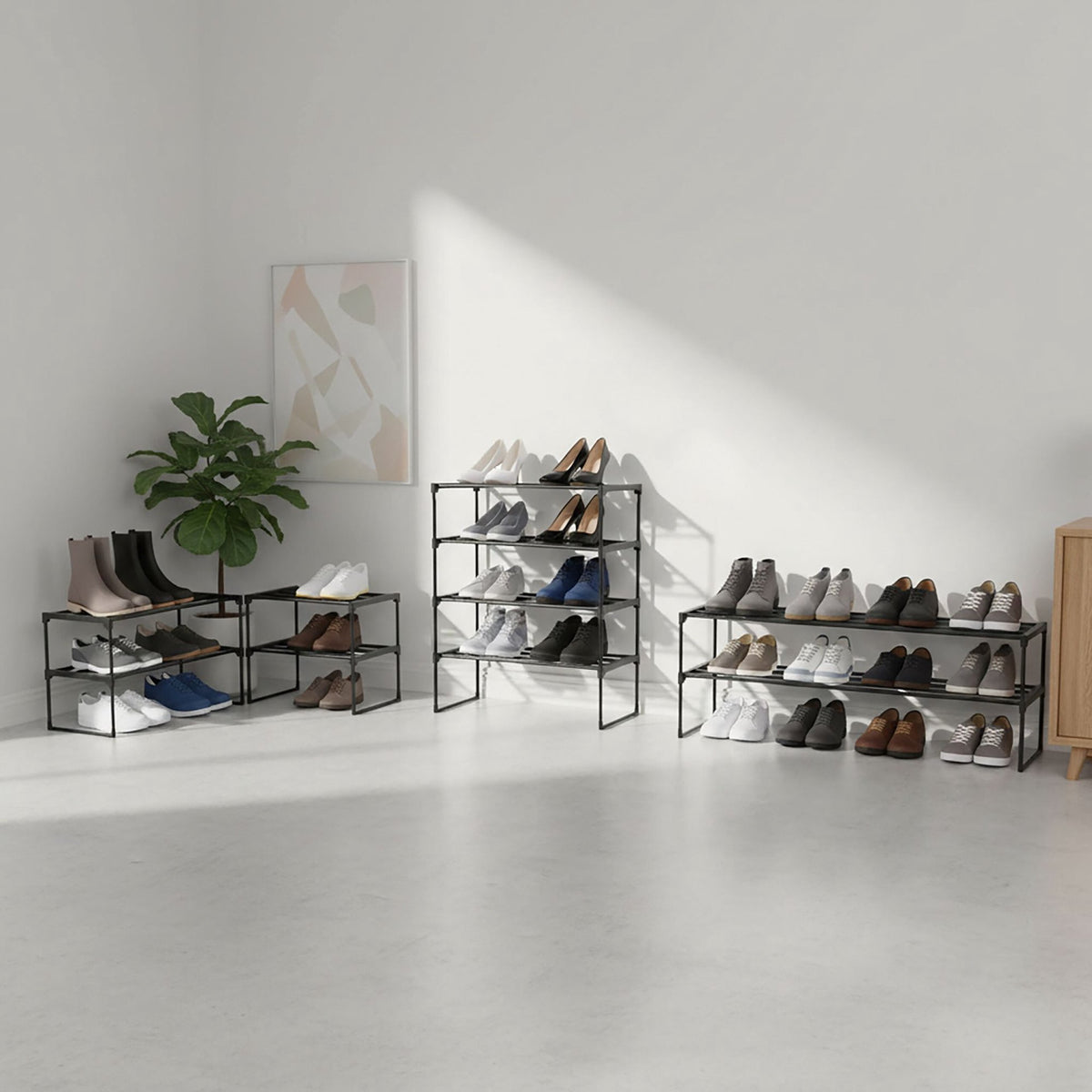 Shoe Rack, Stackable Metal Frame With Plastic Tiers