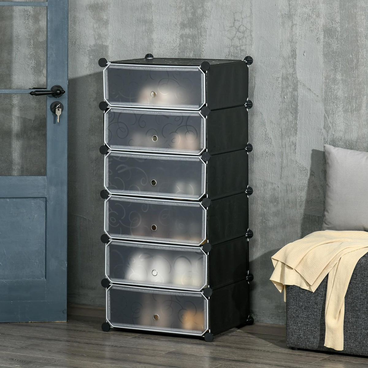 Shoe Rack Storage Box Diy Shelf For 6 Pairs Of Shoes, Plastic/Steel, Black+White, 49X36.5X108Cm
