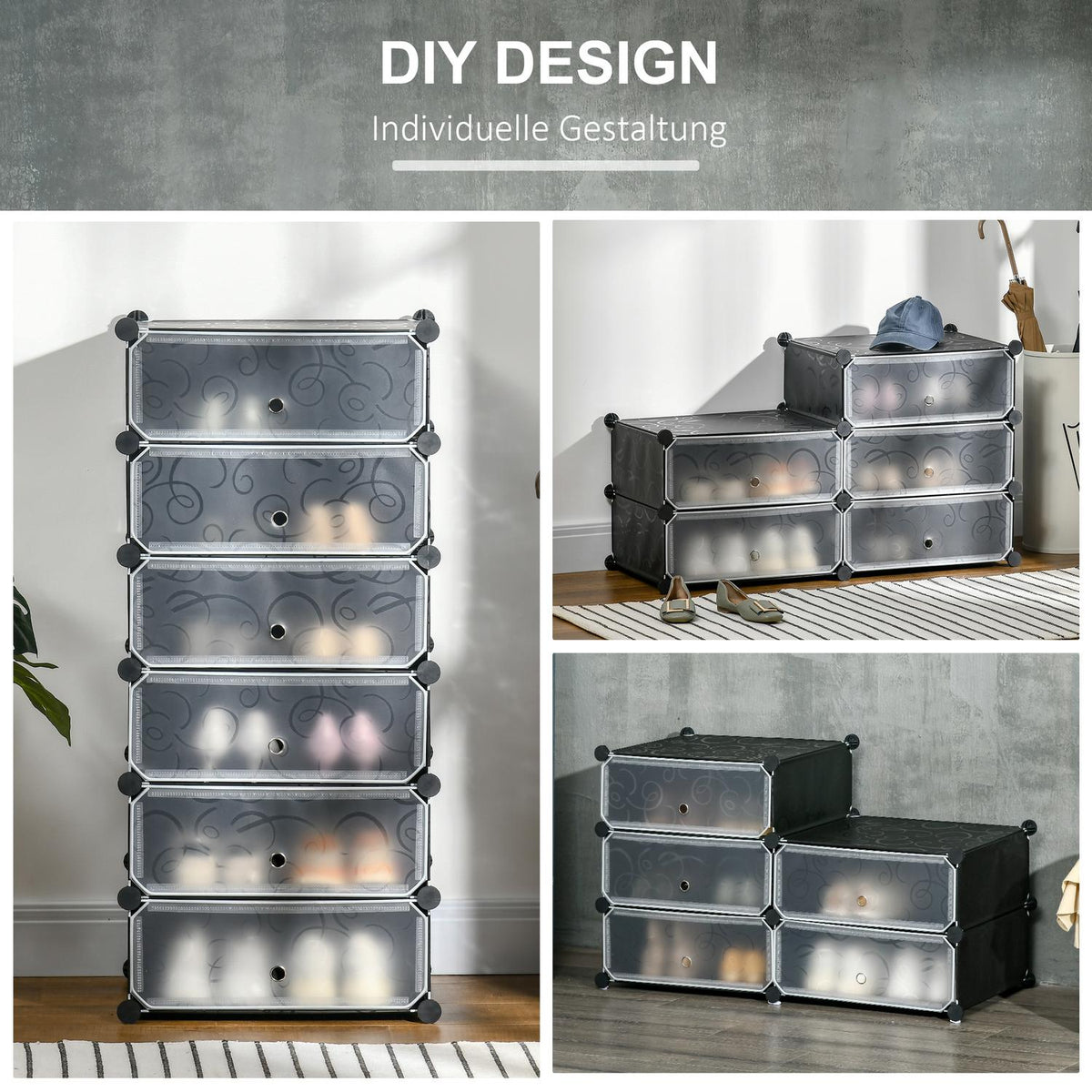 Shoe Rack Storage Box Diy Shelf For 6 Pairs Of Shoes, Plastic/Steel, Black+White, 49X36.5X108Cm