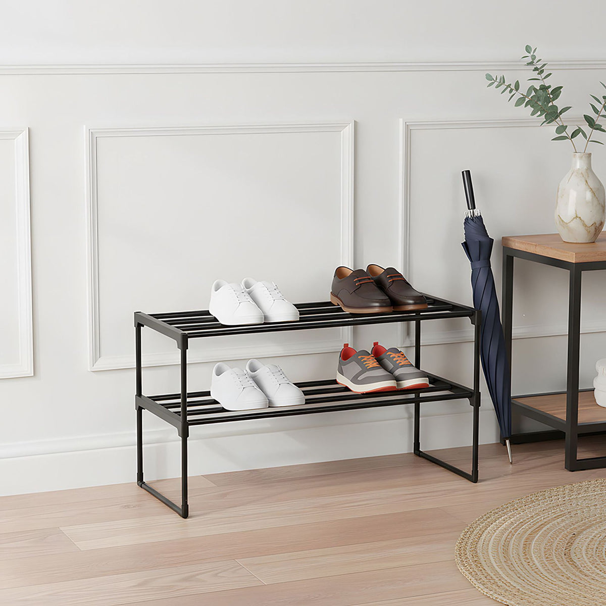 Shoe Rack With Metal Frame, Stackable Plastic Tiers