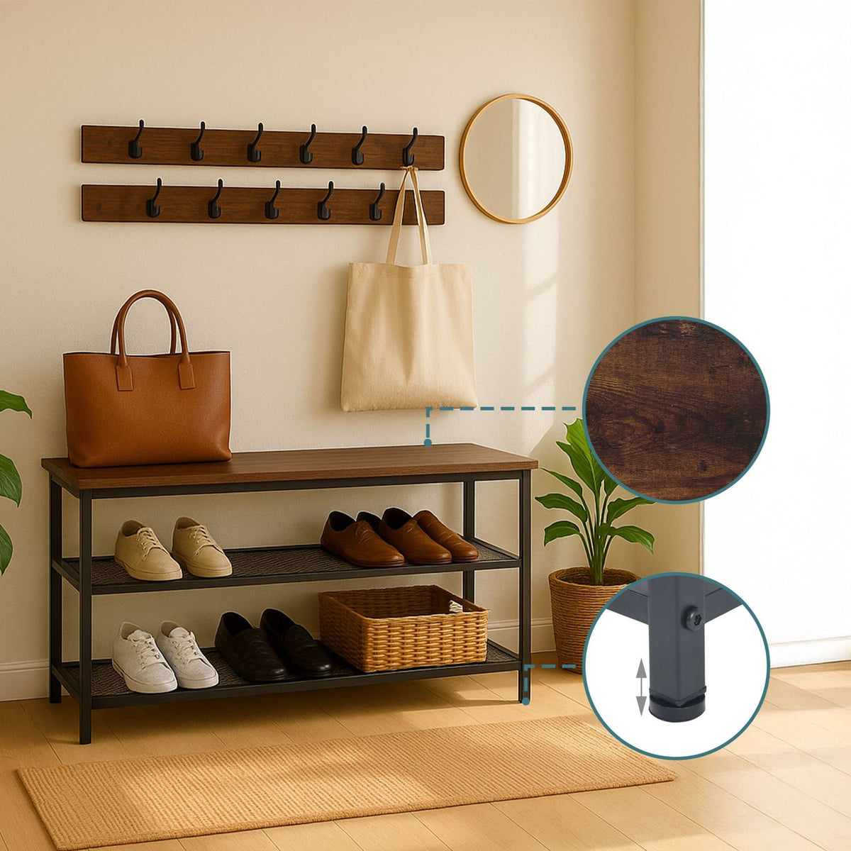 Shoe Rack and Coat Hook Set – Metal and MDF, 11 Hooks