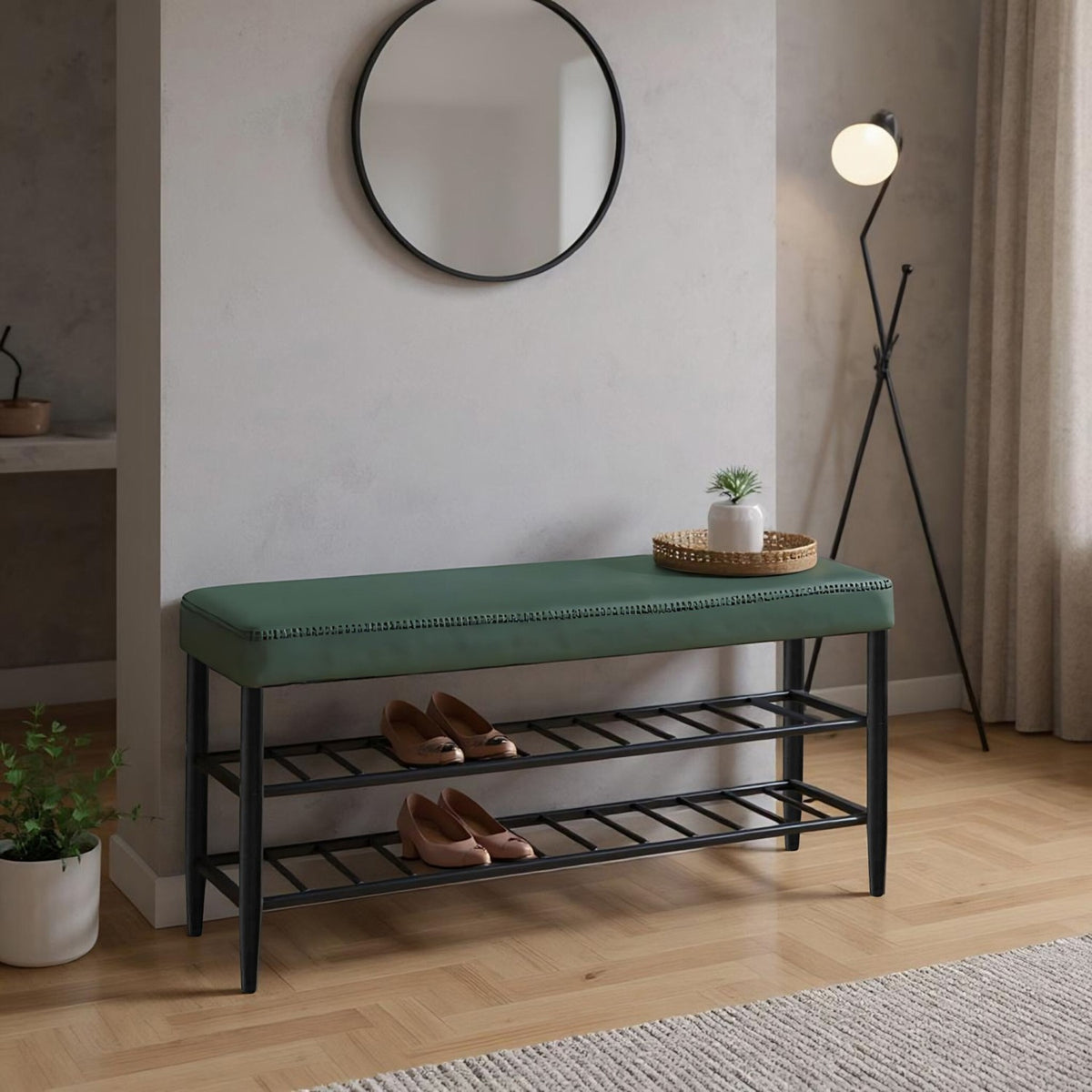 Shoe Storage Bench, Faux Leather, 2 Shelves