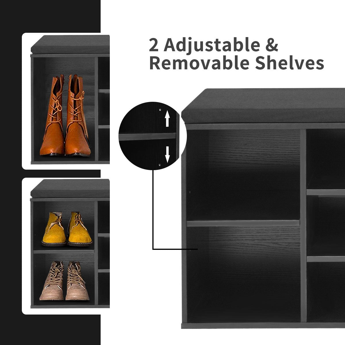 Shoe Storage Bench With Padded Seat, 10-Cube, Black