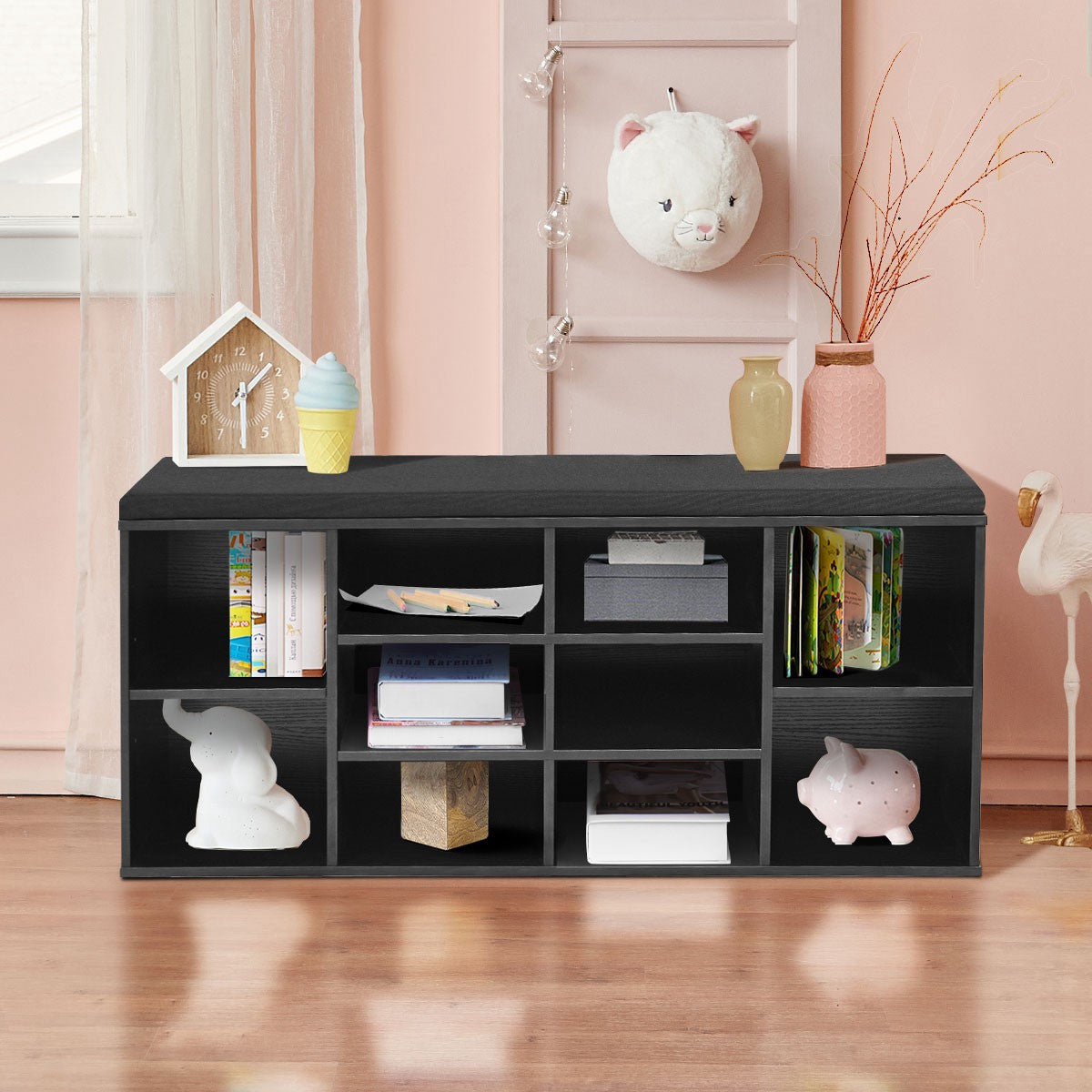 Shoe Storage Bench With Padded Seat, 10-Cube, Black