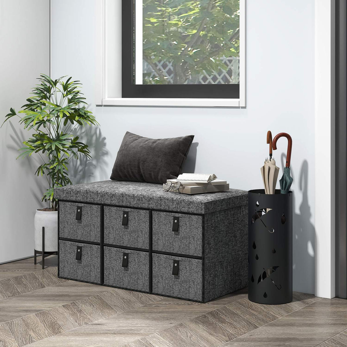 Shoe Storage Bench with Cushion, 6 Drawers, MDF, Dark Grey
