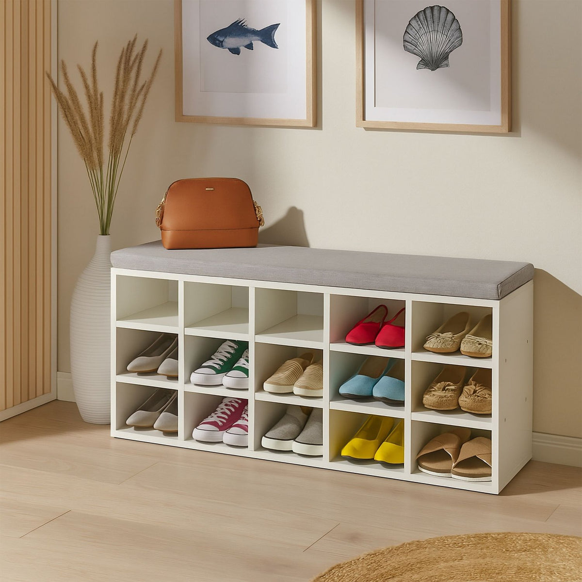 Shoe Storage Bench with Cushion – Upholstered, Grey