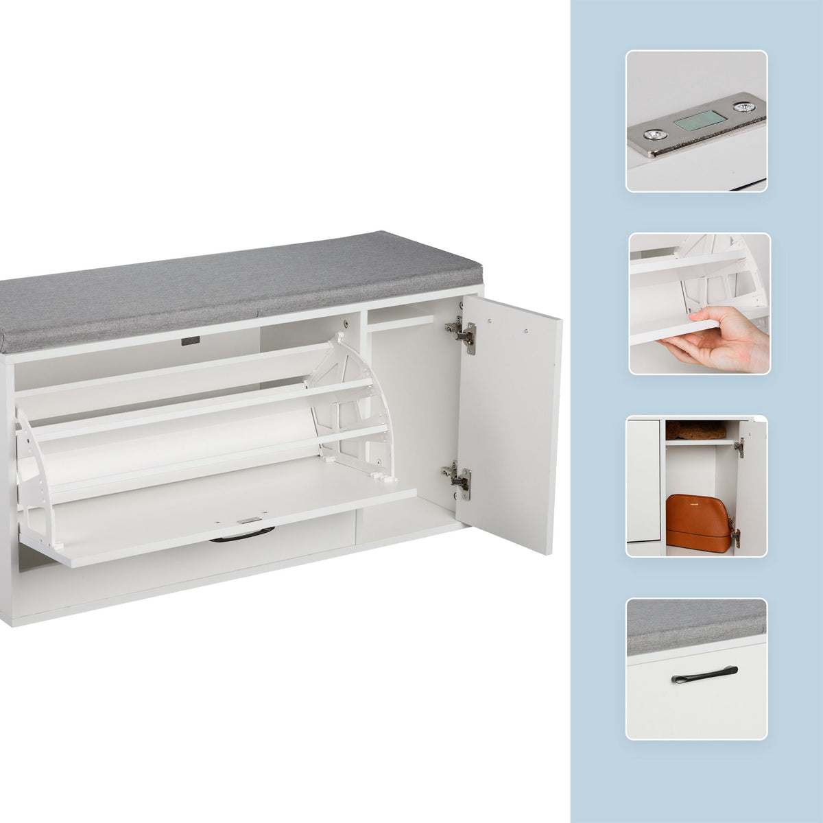 Shoe Storage Bench with Padded Seat and Cupboard