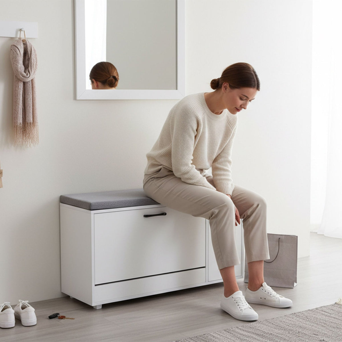 Shoe Storage Bench with Padded Seat and Cupboard