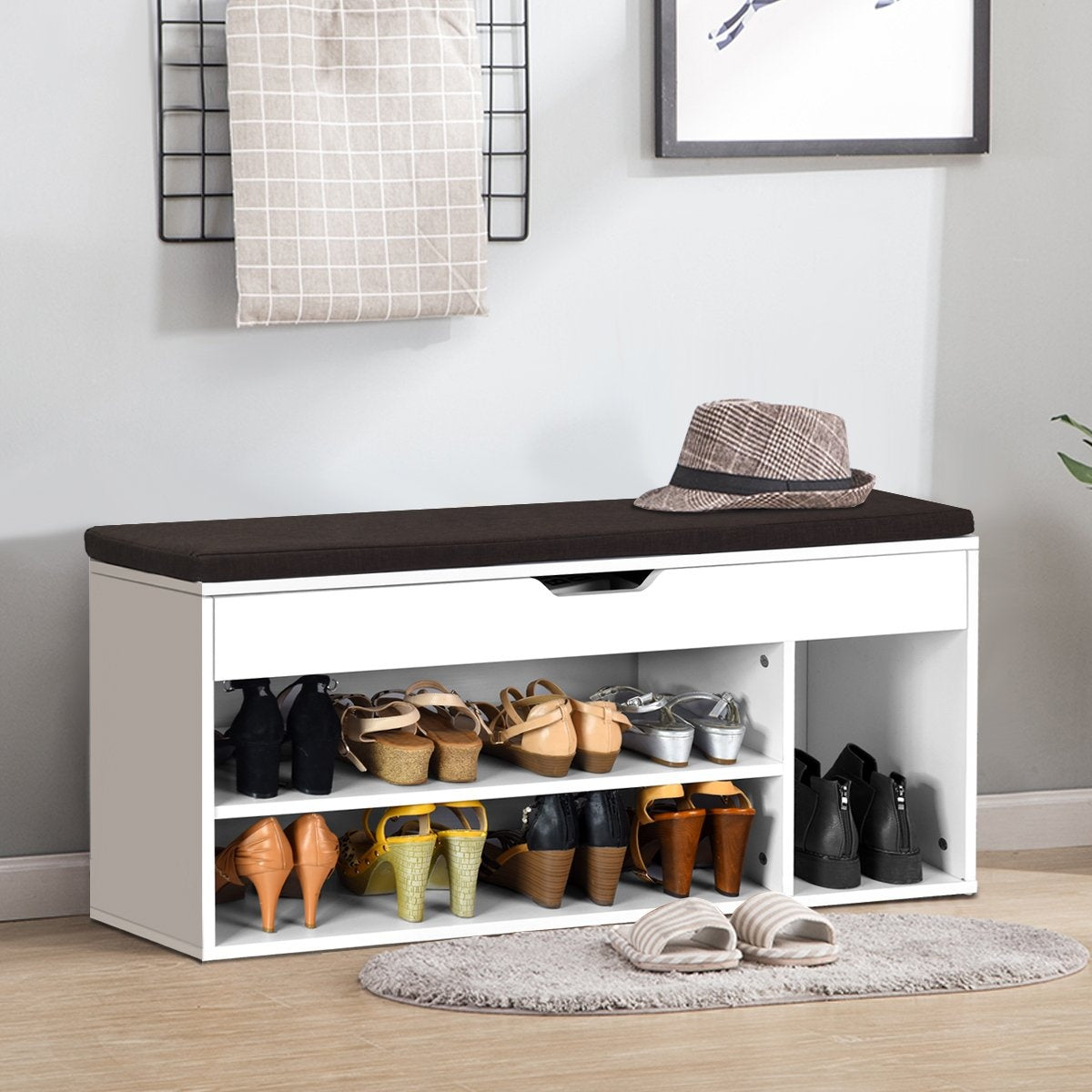 Shoe bench shoe chest of drawers shoe rack with seat cushion wood 104 x 48 x 30 cm white/natural white