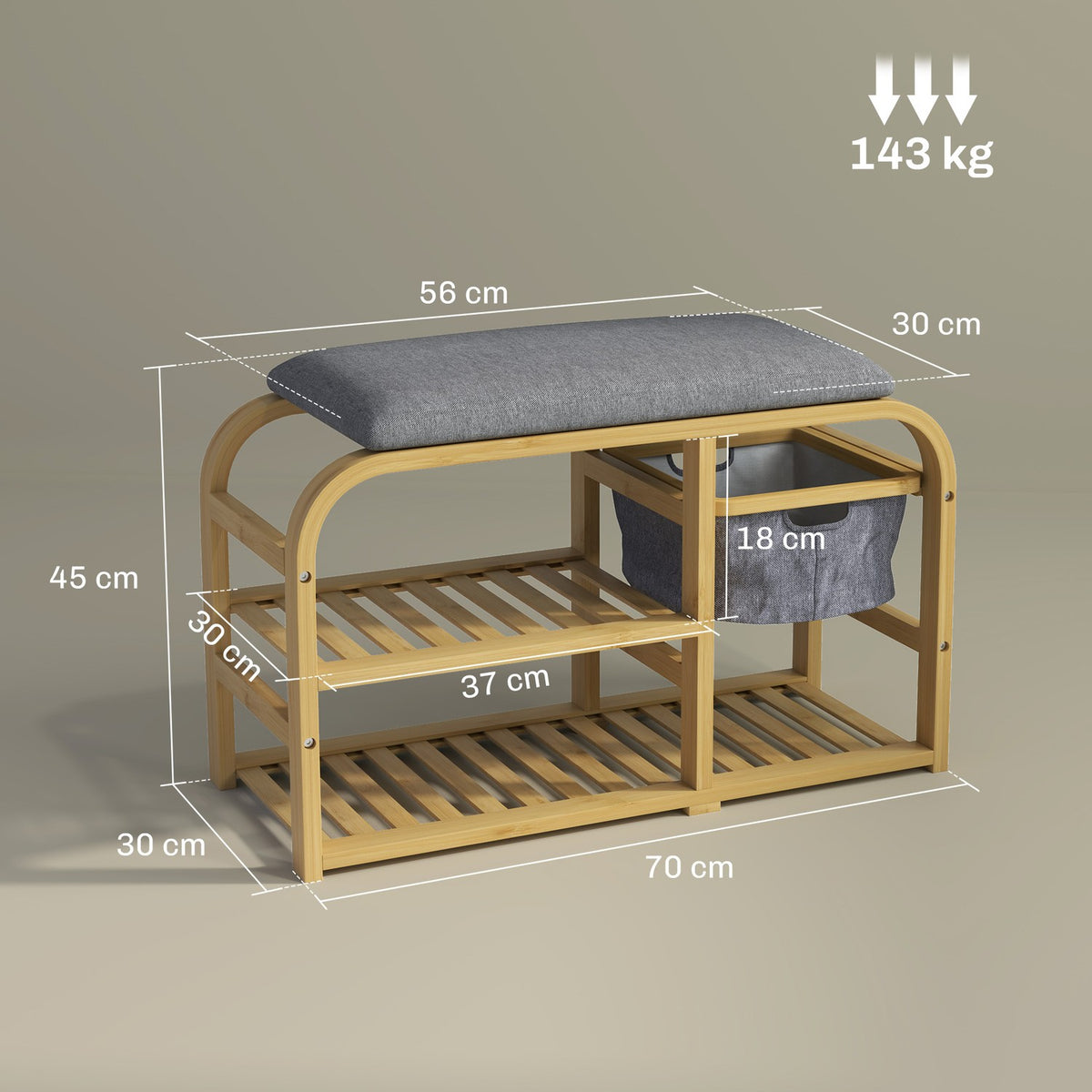Shoe bench with 2 levels, bench with pull-out basket, 2 shoe racks, wardrobe bench with linen look, for 5 pairs of shoes, for hallway, hallway, bamboo, gray, 70 x 30 x 45 cm