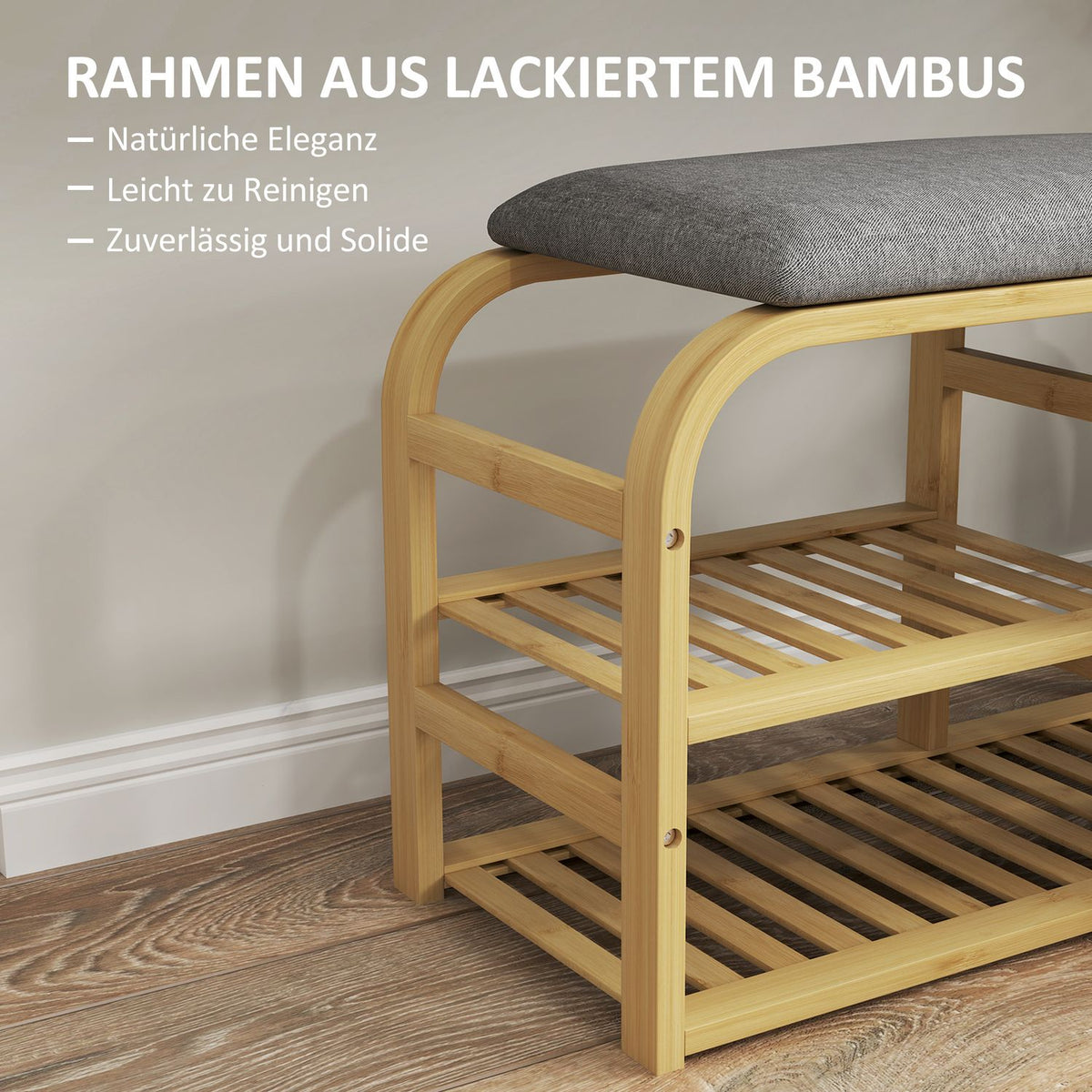 Shoe bench with 2 levels, bench with pull-out basket, 2 shoe racks, wardrobe bench with linen look, for 5 pairs of shoes, for hallway, hallway, bamboo, gray, 70 x 30 x 45 cm