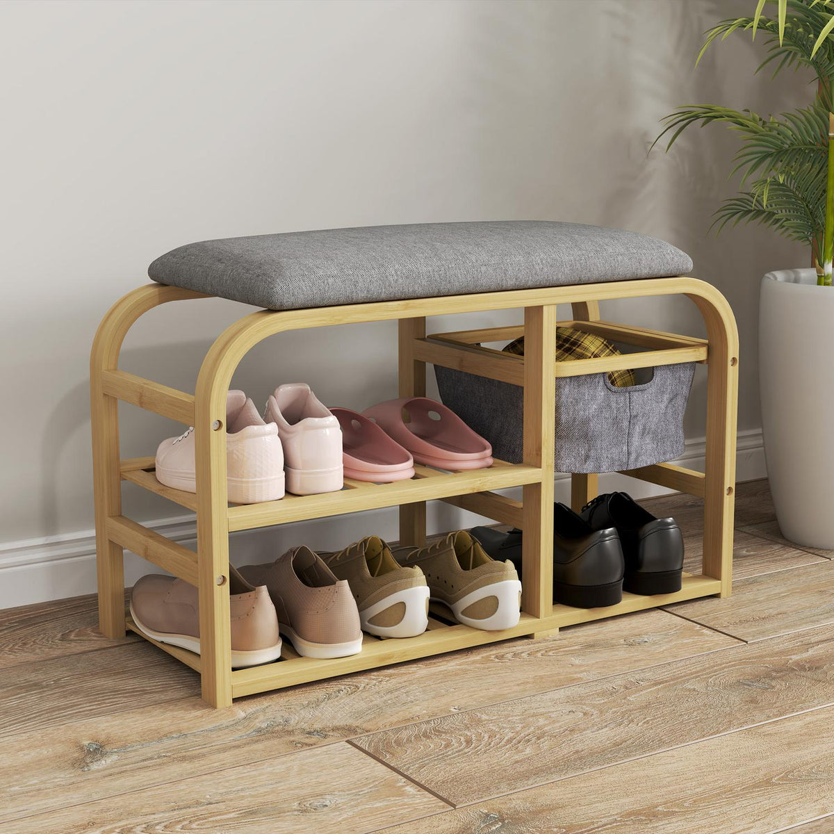 Shoe bench with 2 levels, bench with pull-out basket, 2 shoe racks, wardrobe bench with linen look, for 5 pairs of shoes, for hallway, hallway, bamboo, gray, 70 x 30 x 45 cm