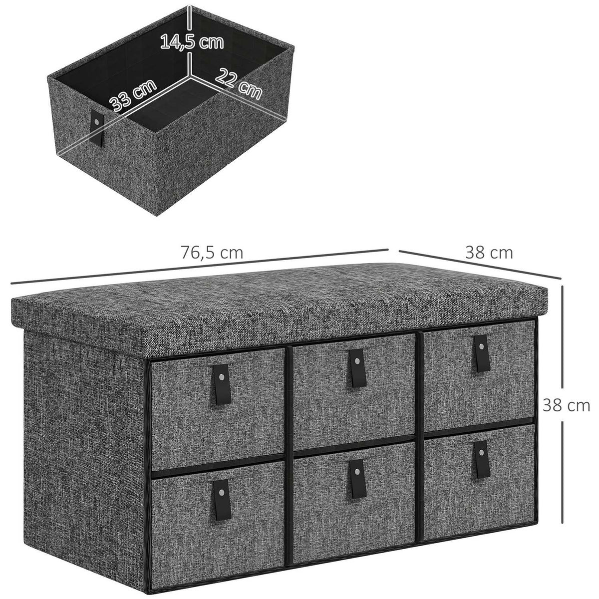 Shoe bench with 6 boxes, bench, wardrobe bench with linen look, shoe chest for 6 pairs of shoes, for hallway, hallway, dark gray, 76.5 x 38 x 38 cm