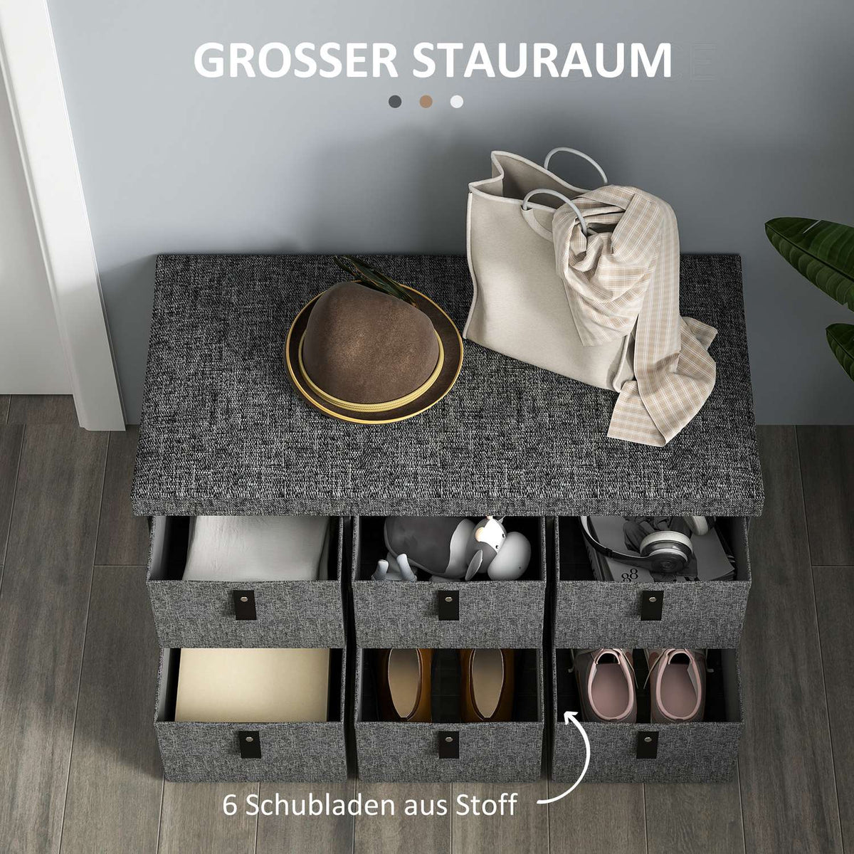 Shoe bench with 6 boxes, bench, wardrobe bench with linen look, shoe chest for 6 pairs of shoes, for hallway, hallway, dark gray, 76.5 x 38 x 38 cm