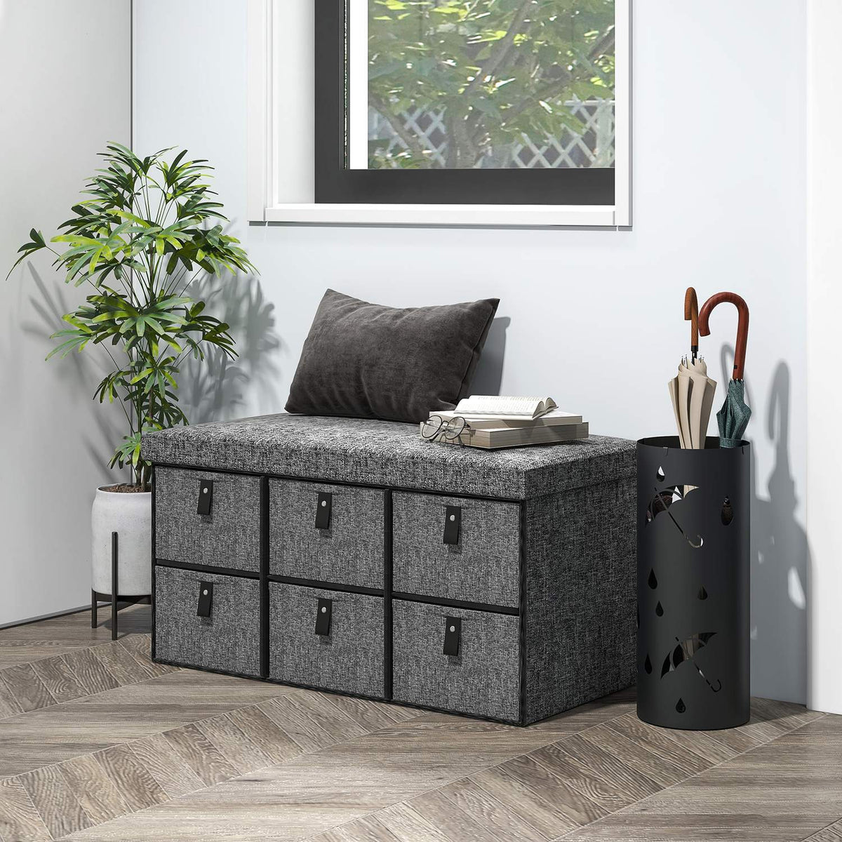 Shoe bench with 6 boxes, bench, wardrobe bench with linen look, shoe chest for 6 pairs of shoes, for hallway, hallway, dark gray, 76.5 x 38 x 38 cm