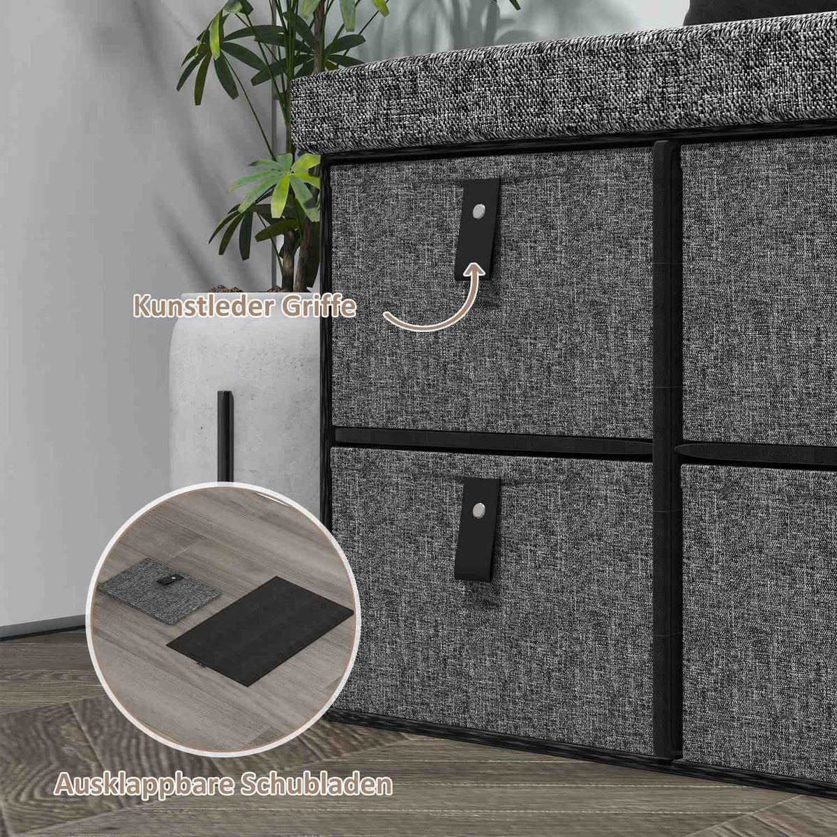 Shoe bench with 6 boxes, bench, wardrobe bench with linen look, shoe chest for 6 pairs of shoes, for hallway, hallway, dark gray, 76.5 x 38 x 38 cm