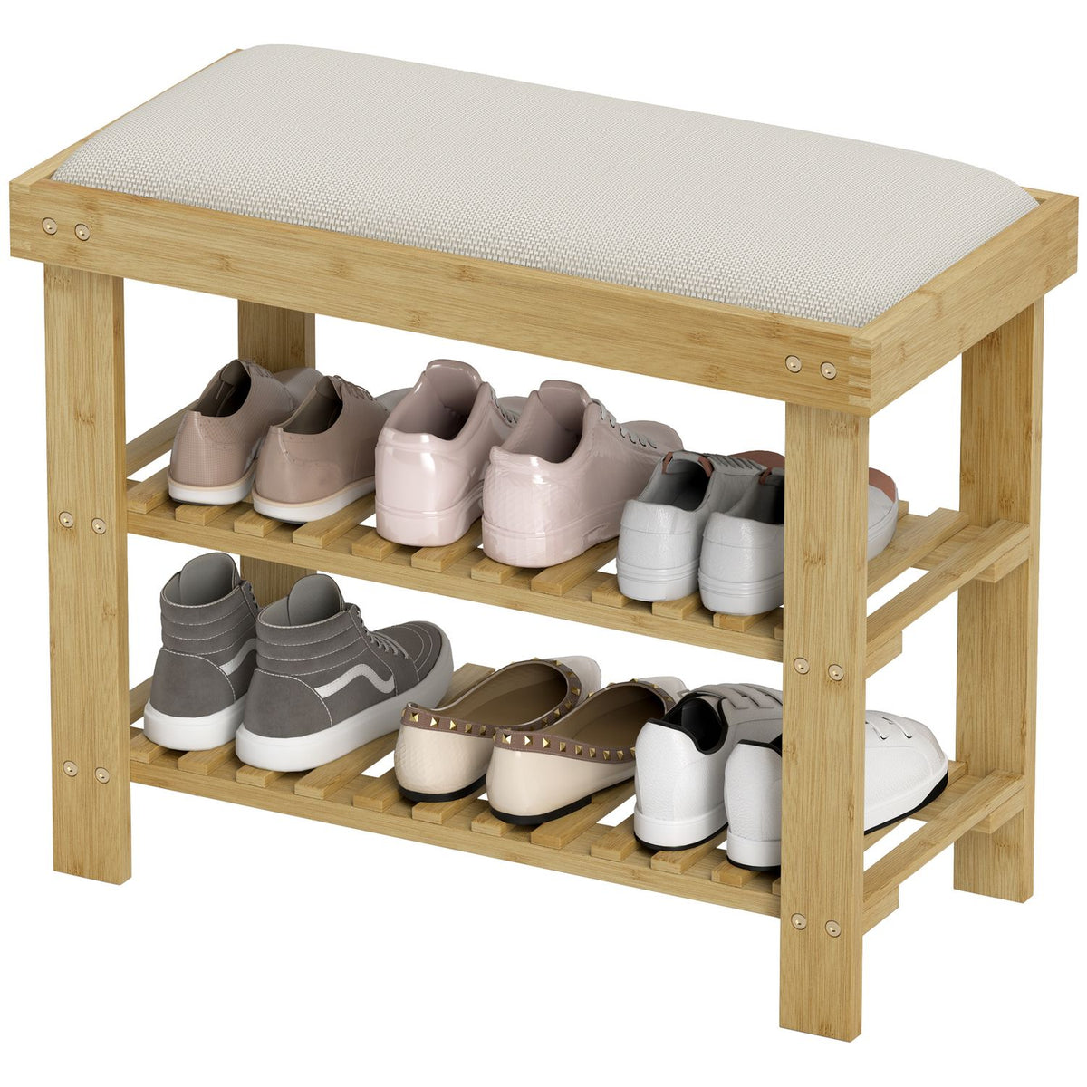 Shoe bench with seat, bamboo bench with storage space, shoe rack with 2 open compartments, bench, wardrobe bench for living room, hallway, 60 x 29 x 49 cm cream white |