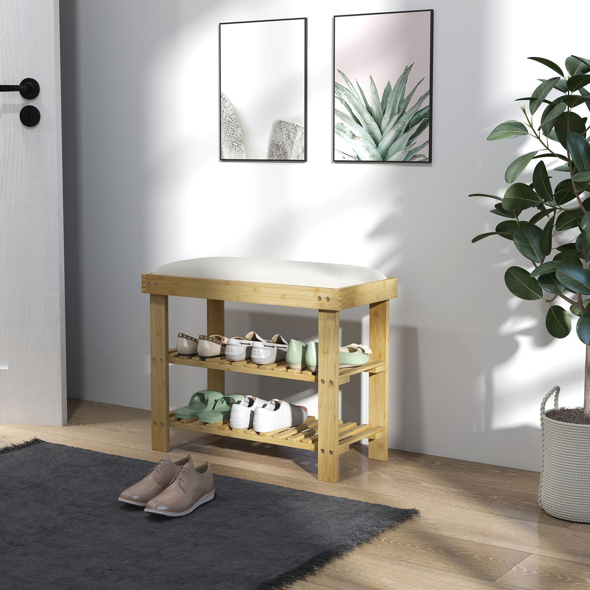 Shoe bench with seat, bamboo bench with storage space, shoe rack with 2 open compartments, bench, wardrobe bench for living room, hallway, 60 x 29 x 49 cm cream white |