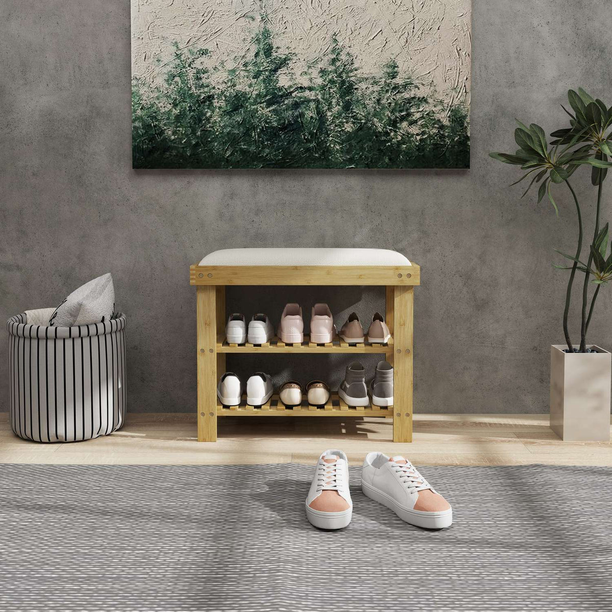 Shoe bench with seat, bamboo bench with storage space, shoe rack with 2 open compartments, bench, wardrobe bench for living room, hallway, 60 x 29 x 49 cm cream white |