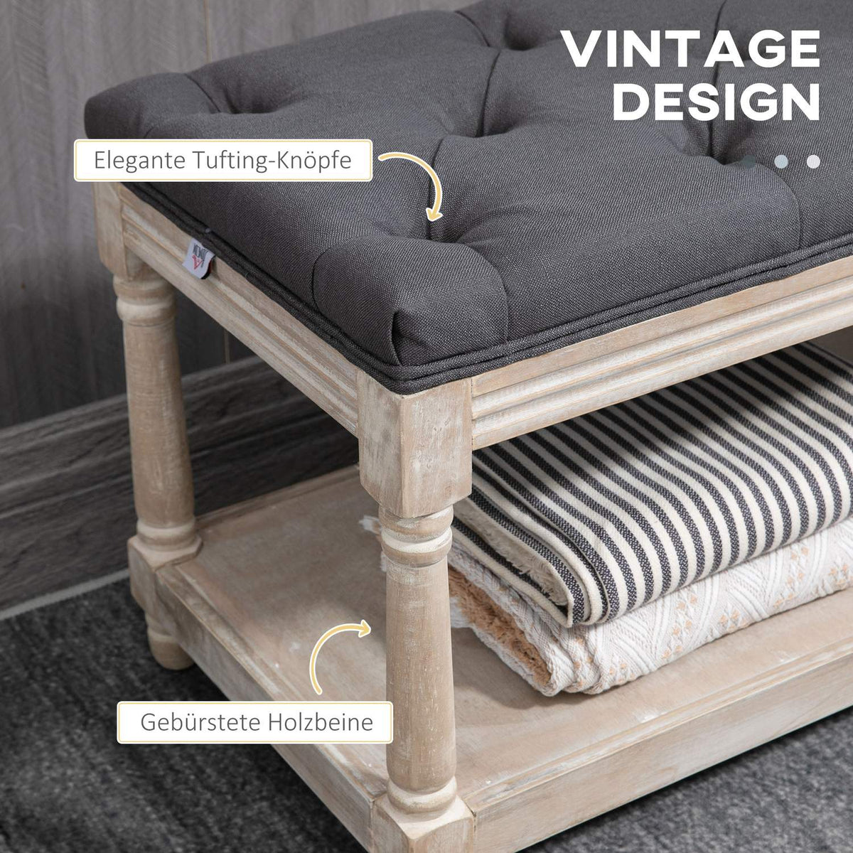 Shoe bench with seat, shoe rack with storage space, padded bench with wooden legs, linen look, gray, 115 x 40 x 48 cm