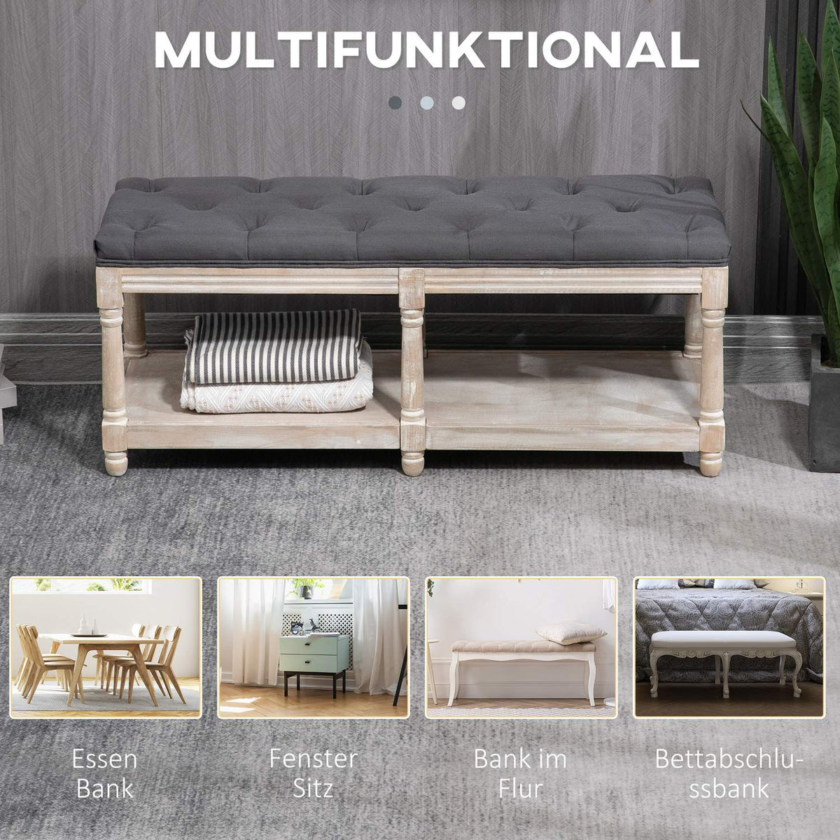 Shoe bench with seat, shoe rack with storage space, padded bench with wooden legs, linen look, gray, 115 x 40 x 48 cm