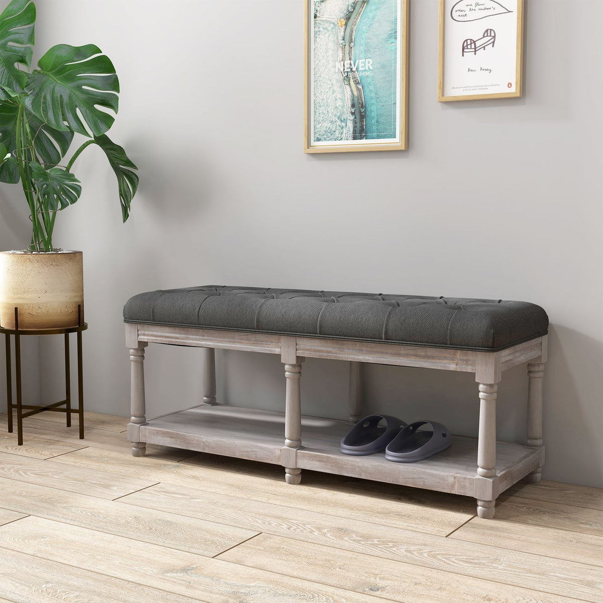 Shoe bench with seat, shoe rack with storage space, padded bench with wooden legs, linen look, gray, 115 x 40 x 48 cm