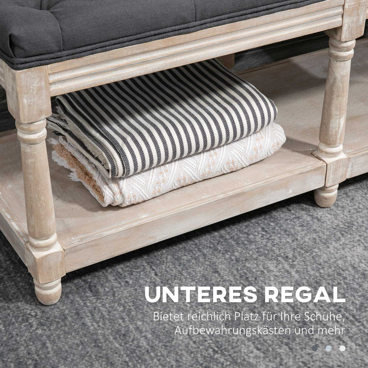 Shoe bench with seat, shoe rack with storage space, padded bench with wooden legs, linen look, gray, 115 x 40 x 48 cm