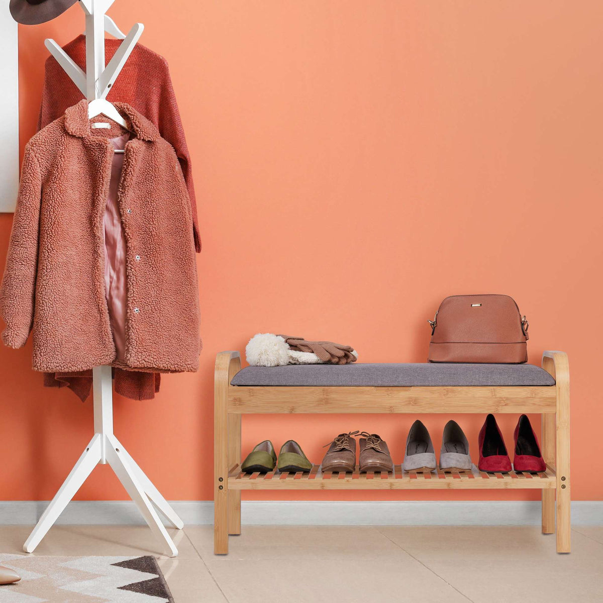 Shoe bench with upholstered seat