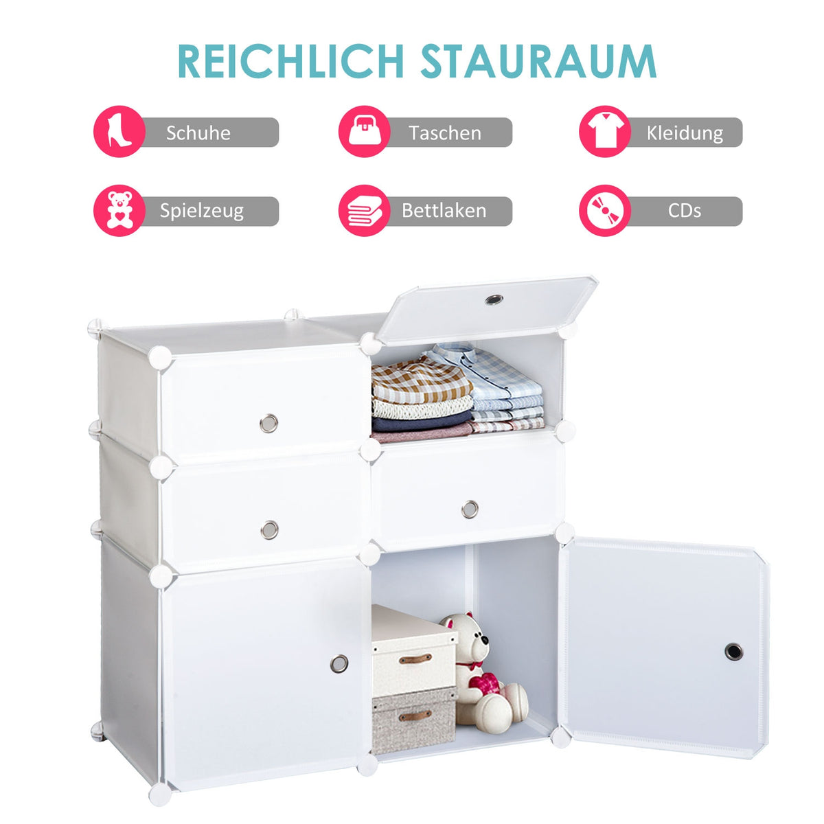 Shoe cabinet shelf with storage boxes, wardrobe made of plastic and steel, white, 75x37x73cm