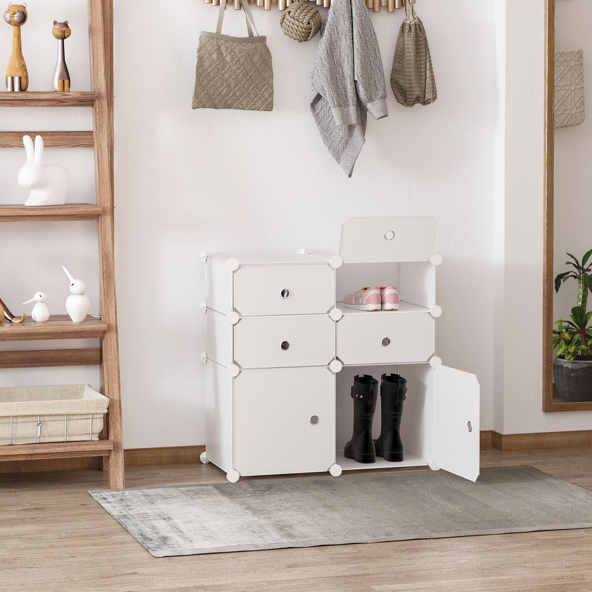 Shoe cabinet shelf with storage boxes, wardrobe made of plastic and steel, white, 75x37x73cm