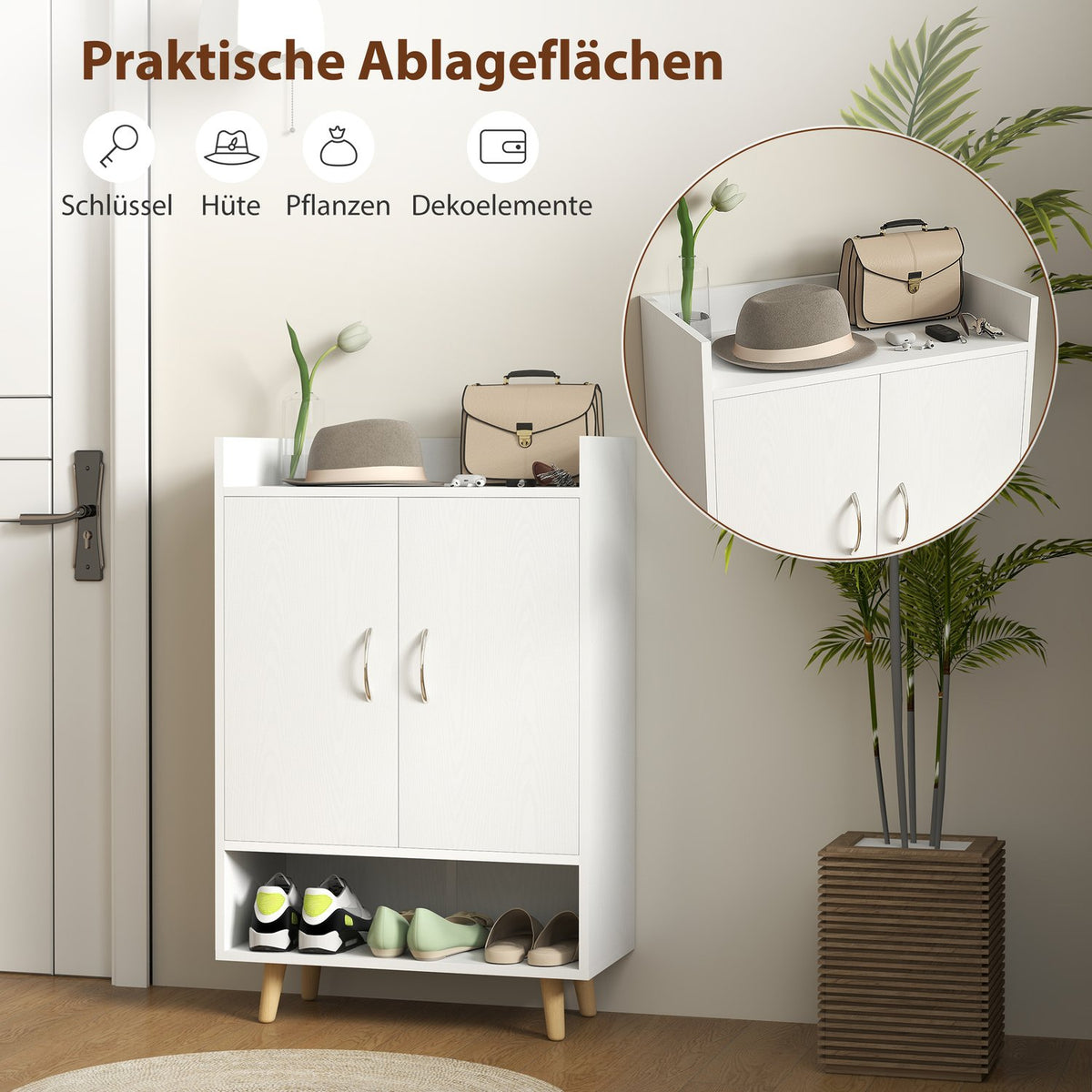 Shoe cabinet, shoe rack with doors and shelves, for 12 shoes, modern shoe chest of drawers, shoe racks for hallways and entrance areas, solid wood, 60 x 30 x 92 cm, white