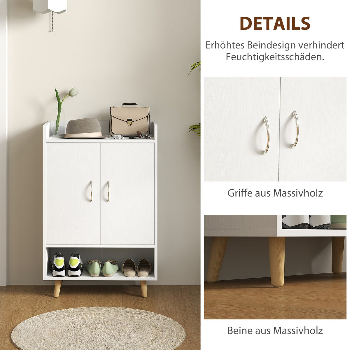 Shoe cabinet, shoe rack with doors and shelves, for 12 shoes, modern shoe chest of drawers, shoe racks for hallways and entrance areas, solid wood, 60 x 30 x 92 cm, white