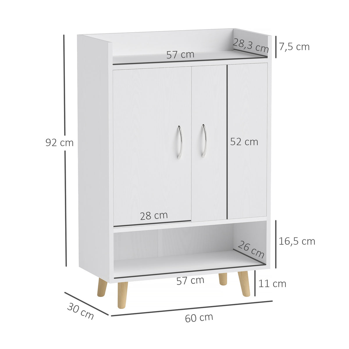 Shoe cabinet, shoe rack with doors and shelves, for 12 shoes, modern shoe chest of drawers, shoe racks for hallways and entrance areas, solid wood, 60 x 30 x 92 cm, white