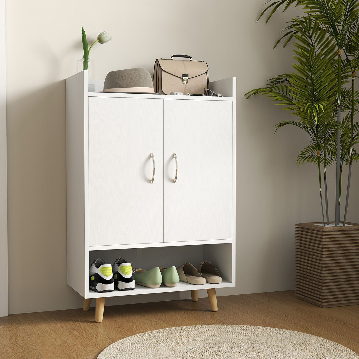 Shoe cabinet, shoe rack with doors and shelves, for 12 shoes, modern shoe chest of drawers, shoe racks for hallways and entrance areas, solid wood, 60 x 30 x 92 cm, white