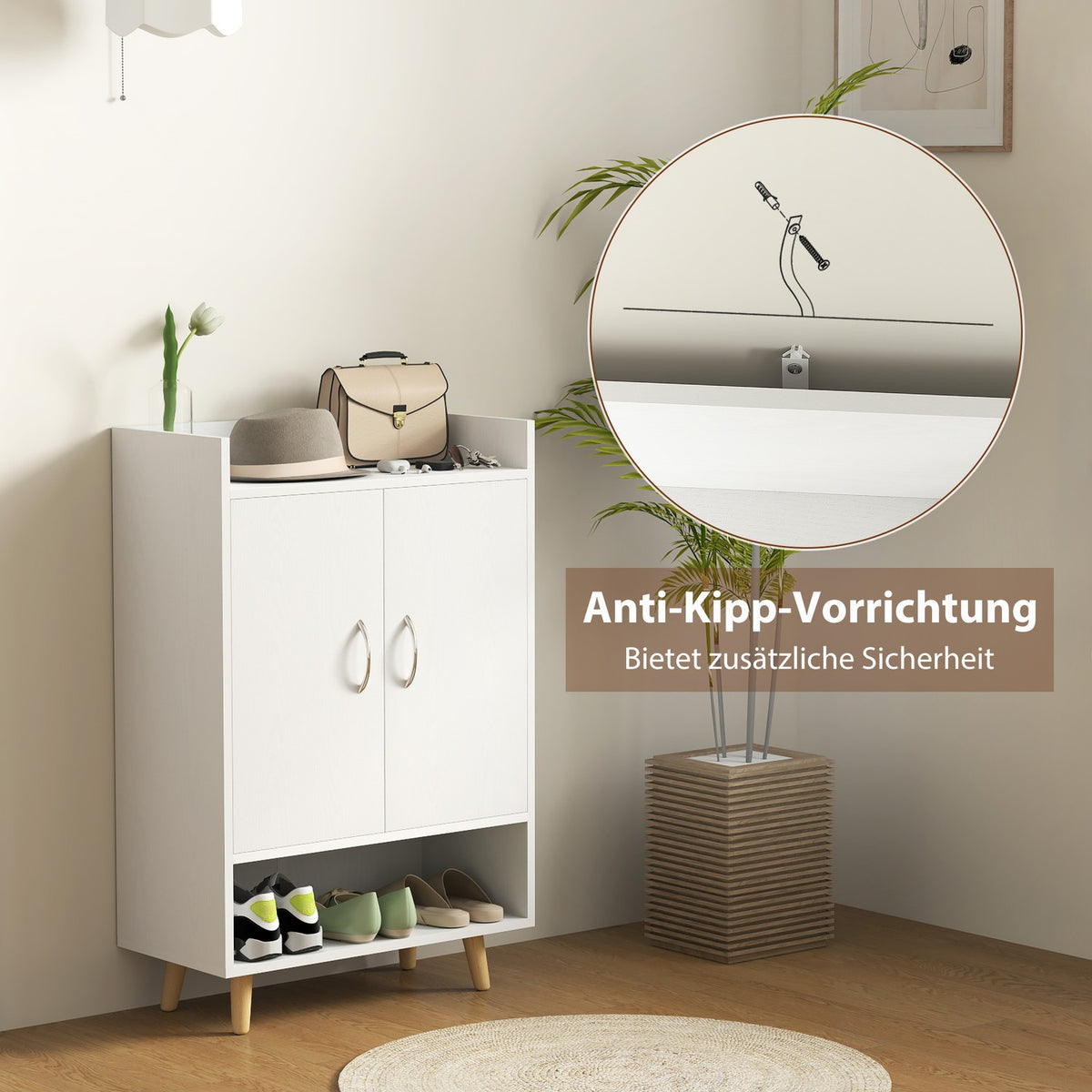 Shoe cabinet, shoe rack with doors and shelves, for 12 shoes, modern shoe chest of drawers, shoe racks for hallways and entrance areas, solid wood, 60 x 30 x 92 cm, white