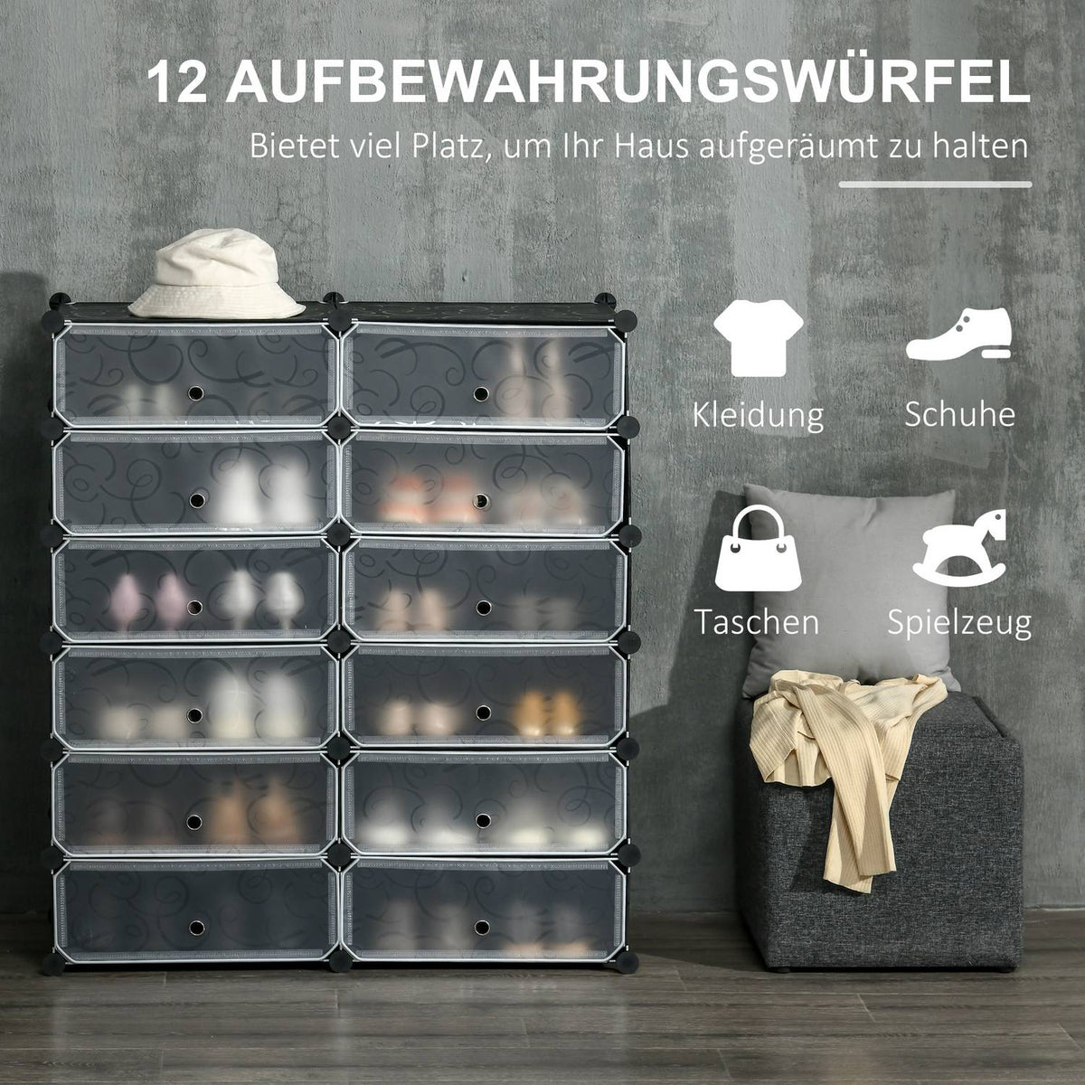 Shoe cabinet with 12 compartments, modular shelf for 12 pairs of shoes, DIY plug-in shelf, shoe storage for hallway, black, 49 x 37 x 108 cm
