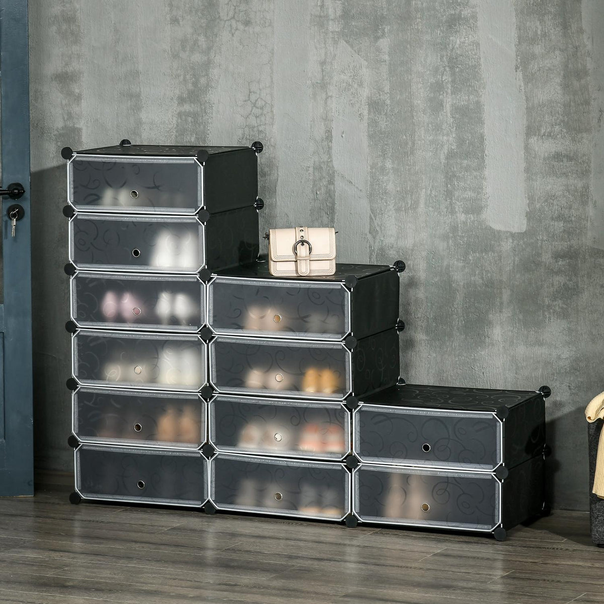 Shoe cabinet with 12 compartments, modular shelf for 12 pairs of shoes, DIY plug-in shelf, shoe storage for hallway, black, 49 x 37 x 108 cm