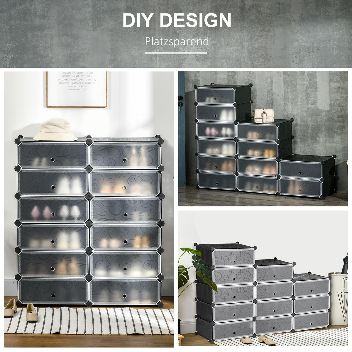 Shoe cabinet with 12 compartments, modular shelf for 12 pairs of shoes, DIY plug-in shelf, shoe storage for hallway, black, 49 x 37 x 108 cm