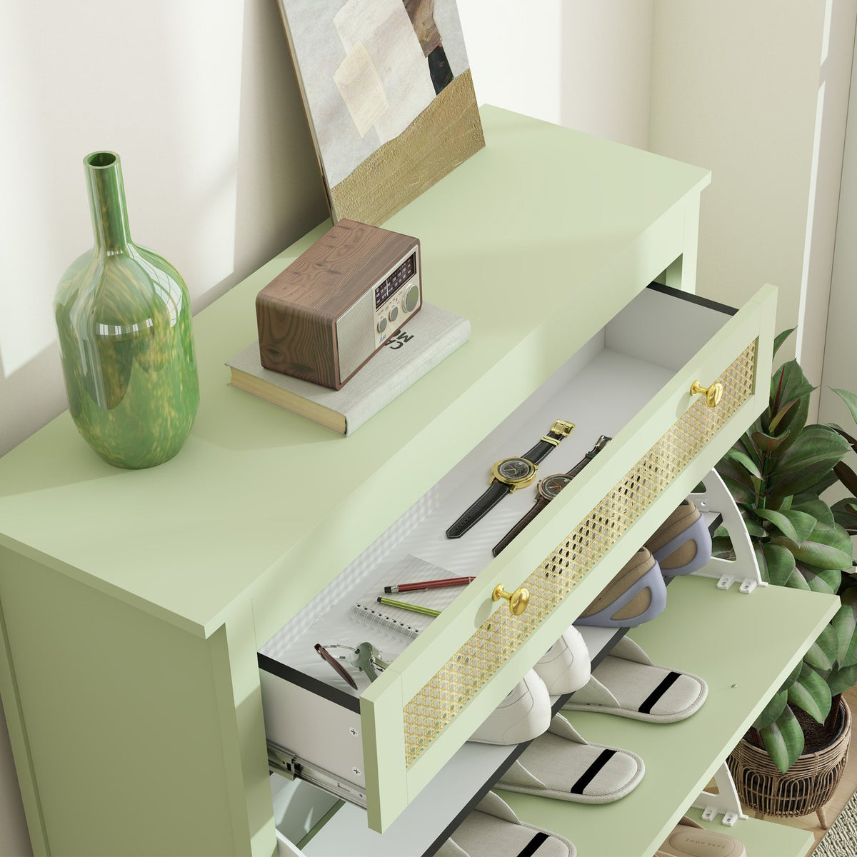 Shoe cabinet with 2 flaps, shoe tipper with drawer, shoe rack, shoe chest of drawers for 12 pairs of shoes, shoe rack for entrance area, hallway 88 x 30 x 120 cm, green