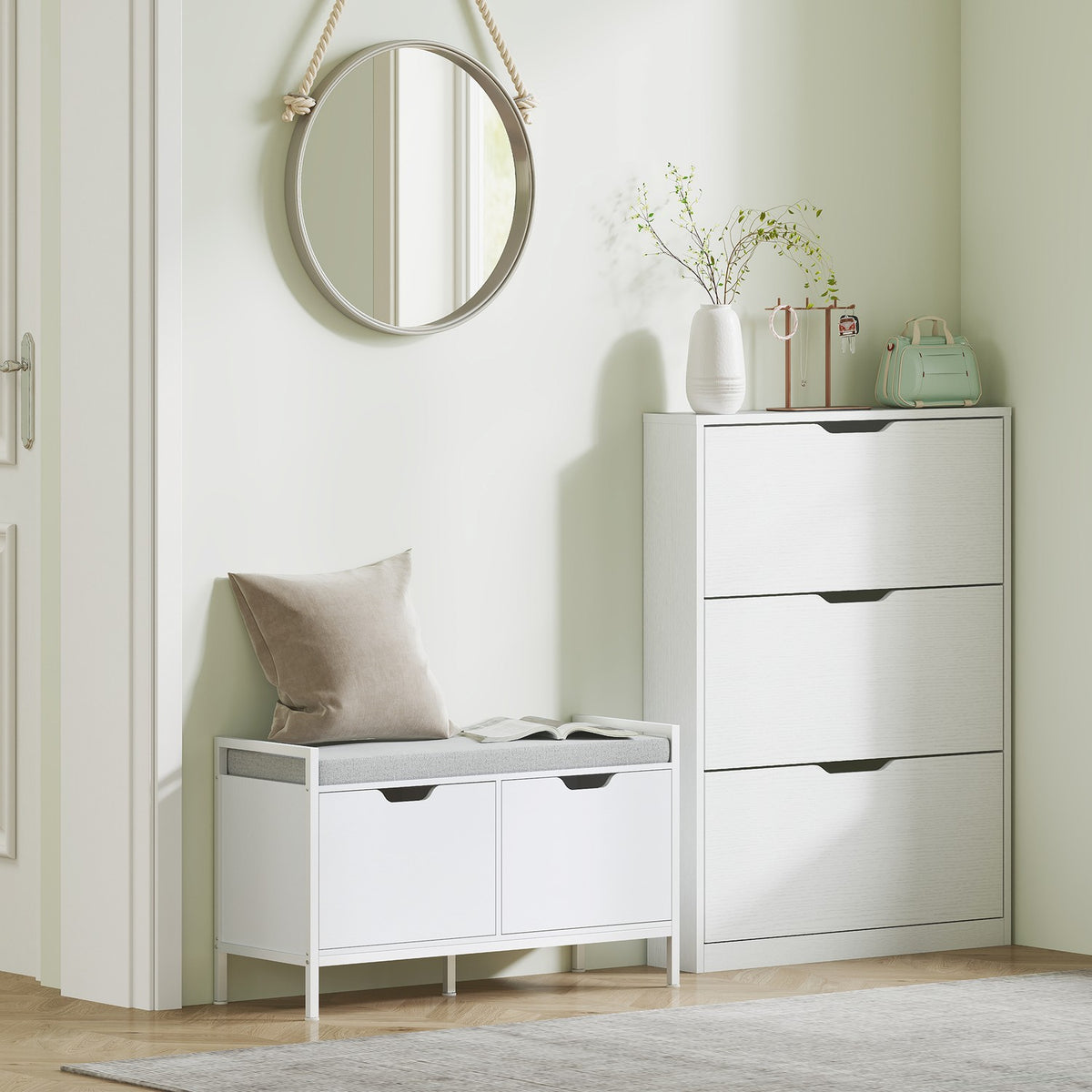 Shoe cabinet with 3 flaps, shoe rack, shoe tipper, narrow shoe chest for 9-12 pairs of shoes 80 x 17 x 108 cm, white