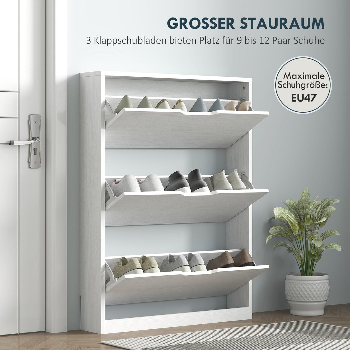 Shoe cabinet with 3 flaps, shoe rack, shoe tipper, narrow shoe chest for 9-12 pairs of shoes 80 x 17 x 108 cm, white