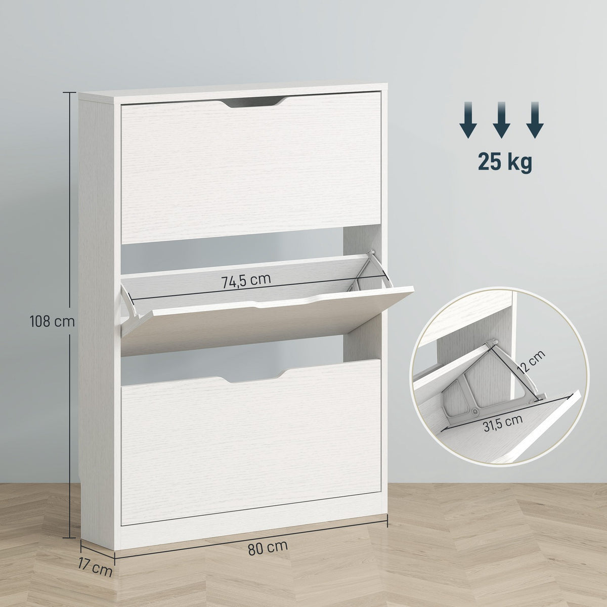 Shoe cabinet with 3 flaps, shoe rack, shoe tipper, narrow shoe chest for 9-12 pairs of shoes 80 x 17 x 108 cm, white